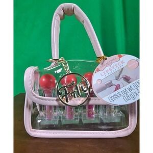 NIP FAO Schwarz Lipstick Set - 4pc with a Pink and Clear Purse - Pink Lilac Silv